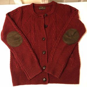Fenn Wright Manson Women M Cardigan Sweater Wool Aran Fisherman Elbow Patch